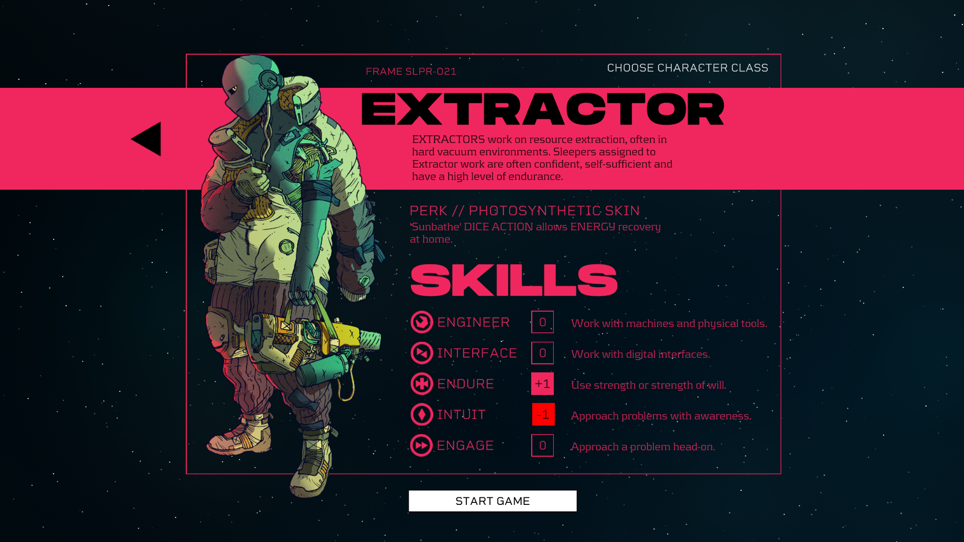 Citizen Sleeper screenshot featuring the Extractor character class