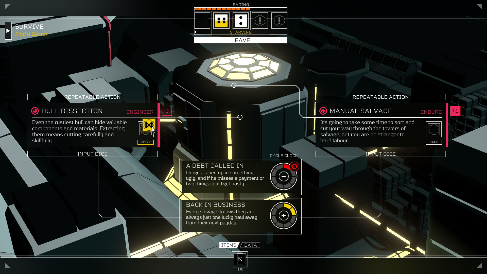 Citizen Sleeper screenshot- introduction to the game ui