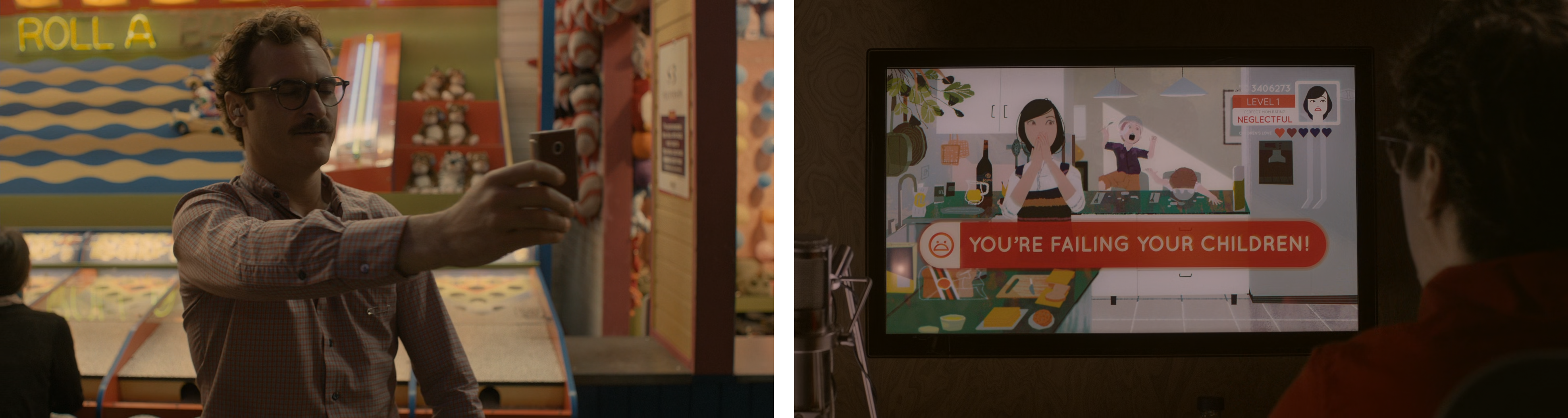 Her screenshots- Left: Theo, with eyes closed, follows Samantha's directions. Right: Theo looks at Amy's video game about being a perfect mom.