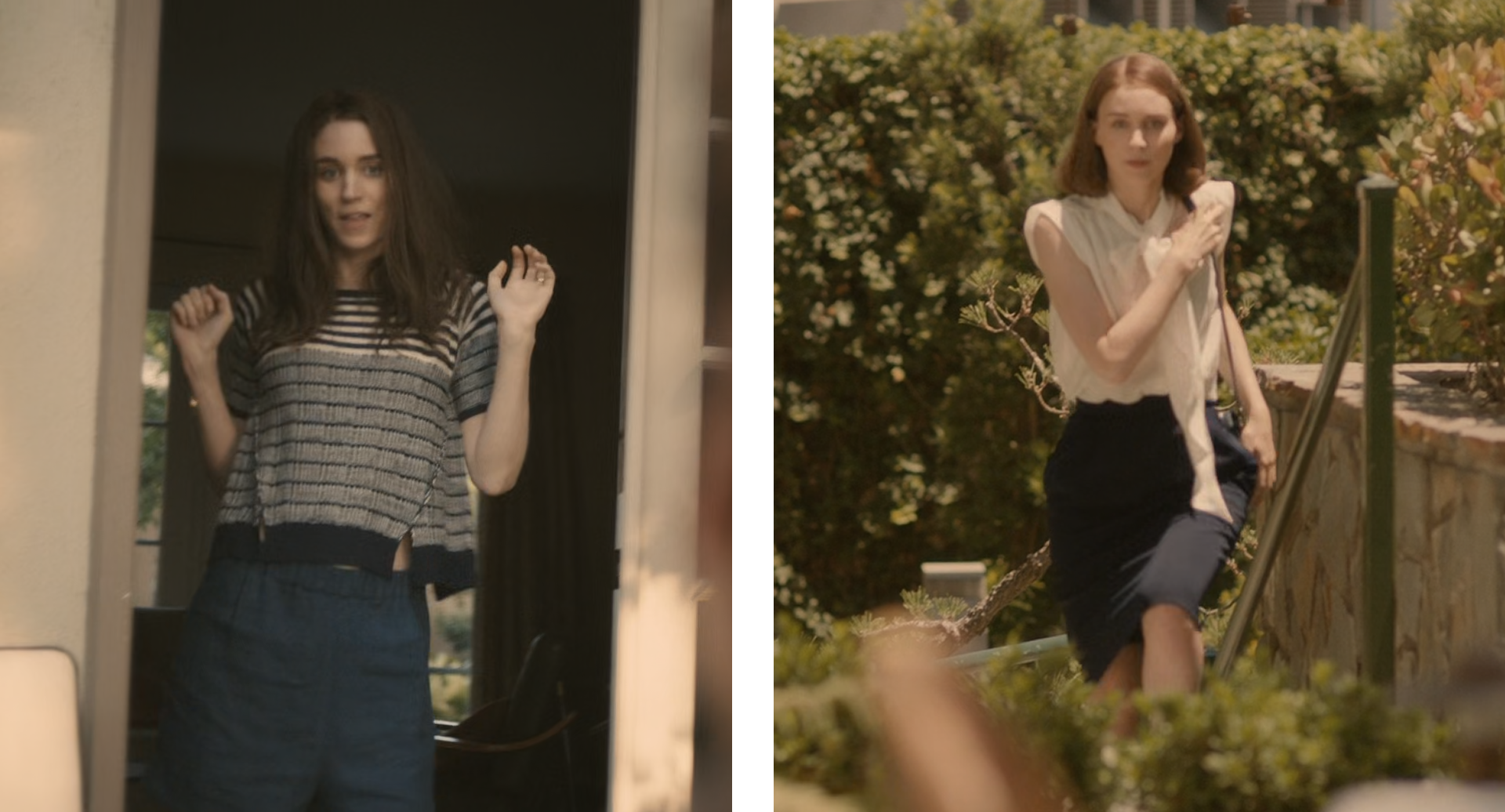 Her screenshot- Catherine in flashback wearing a blue and white knit sweater and shorts, left is catherine wearing a white bowed blouse and a navy skirt to the divorce meeting