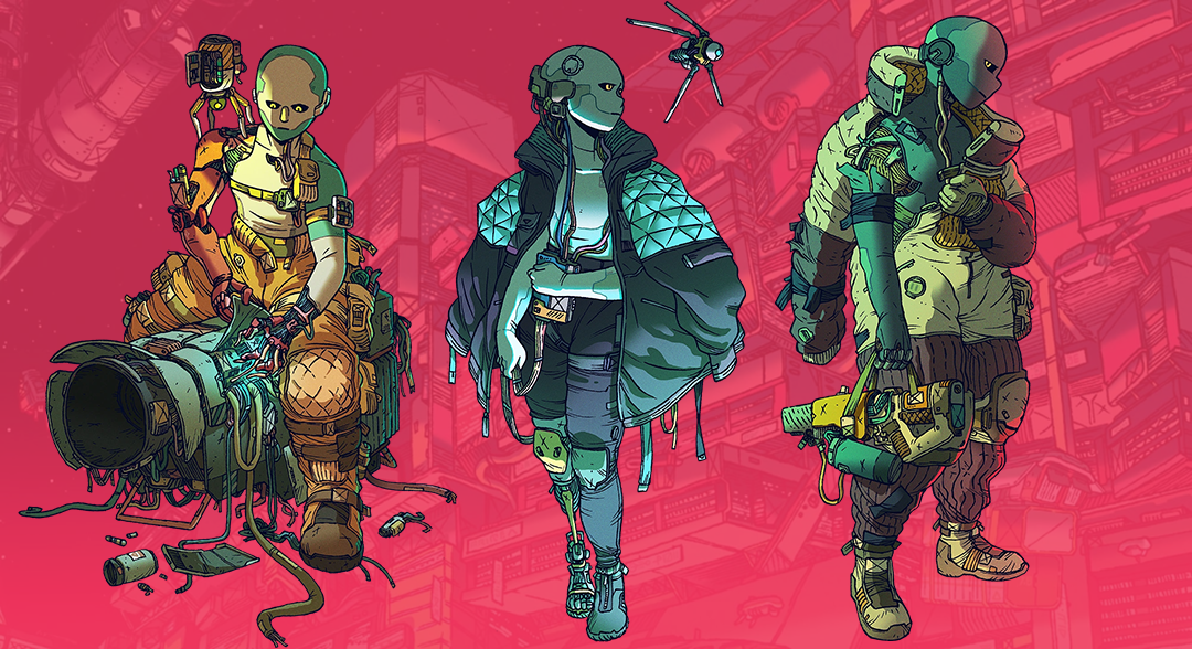 Images from Citizen Sleeper- the character art for the three classes. Machinist, Operator, and Extractor.